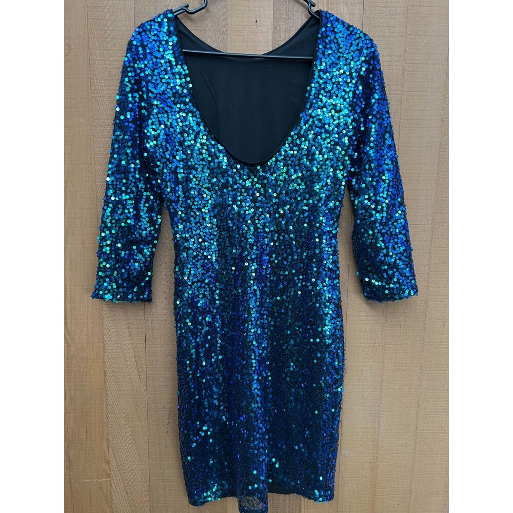 womens size small dress H&M Blue Sequin Bodycon  3/4 Sleeves scoop low back